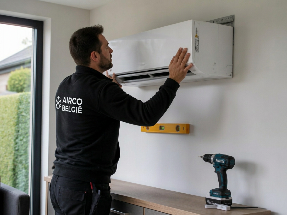 Erkend koeltechnicus hangt een binnenunit van een split-airco op